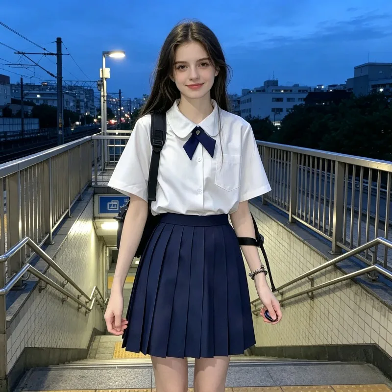 Thai School Uniform Round Neck Water Color Short Sleeved Set for Women's College Style Thai Student Uniform Basic Style