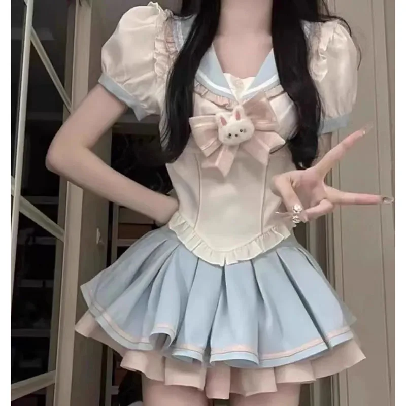 ญี่ปุ่น Jk 2 ชิ้นชุดผู้หญิงฤดูร้อนแขนสั้นหวาน T เสื้อเลดี้สูงเอว Ruffles Slim กระโปรง