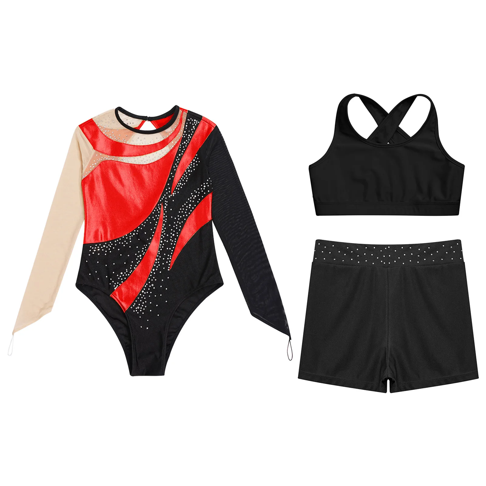 Kids Girls Gymnastics Ballet Outfit Mesh Long Sleeve Contrast Color Metallic Leotard with Cross Back Vest And Waistband Shorts