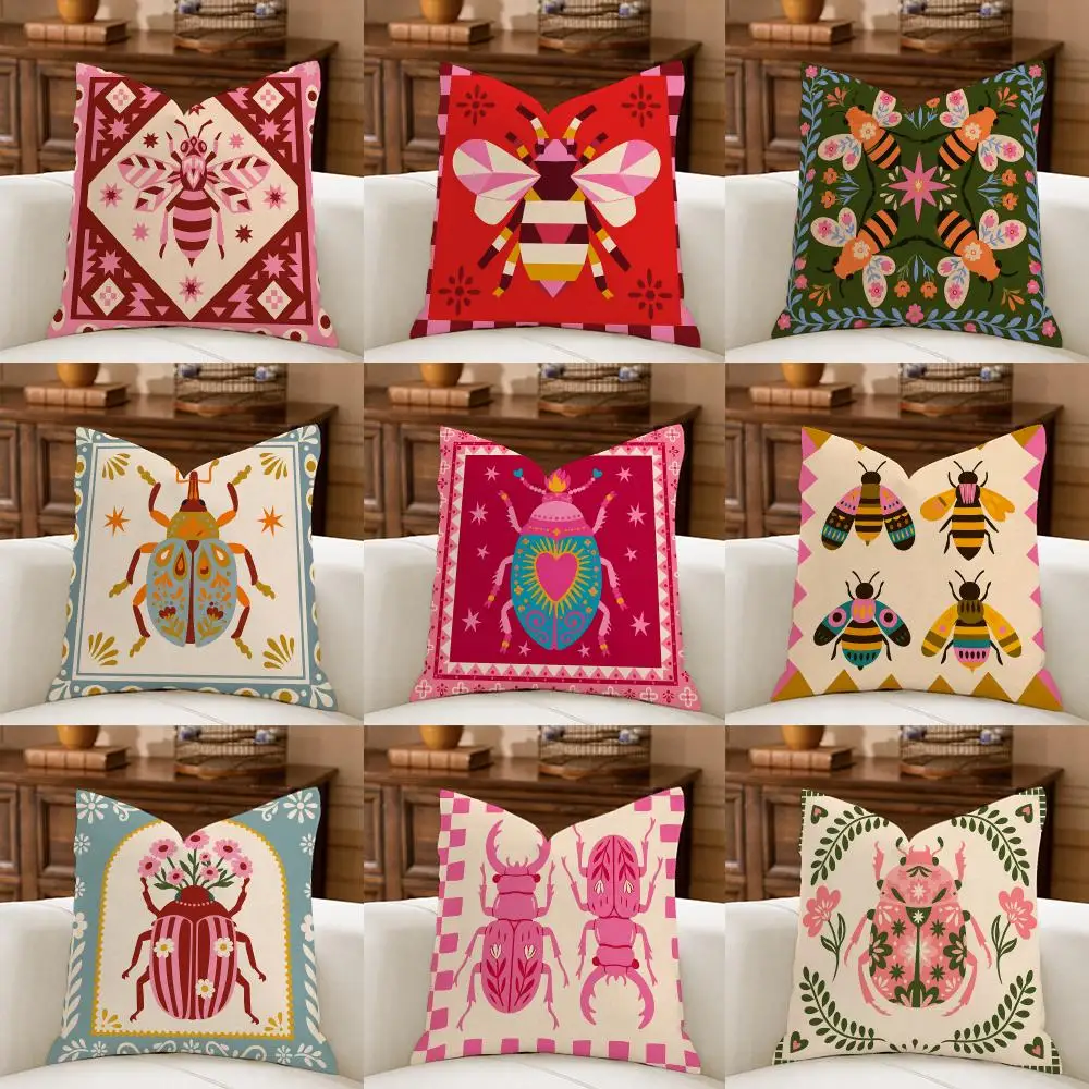 Folk Art Beetle Colorful Insect Cushion Cover Natural Breathable Durable Linen Printed Decor Pillow Case Sofa Bedroom