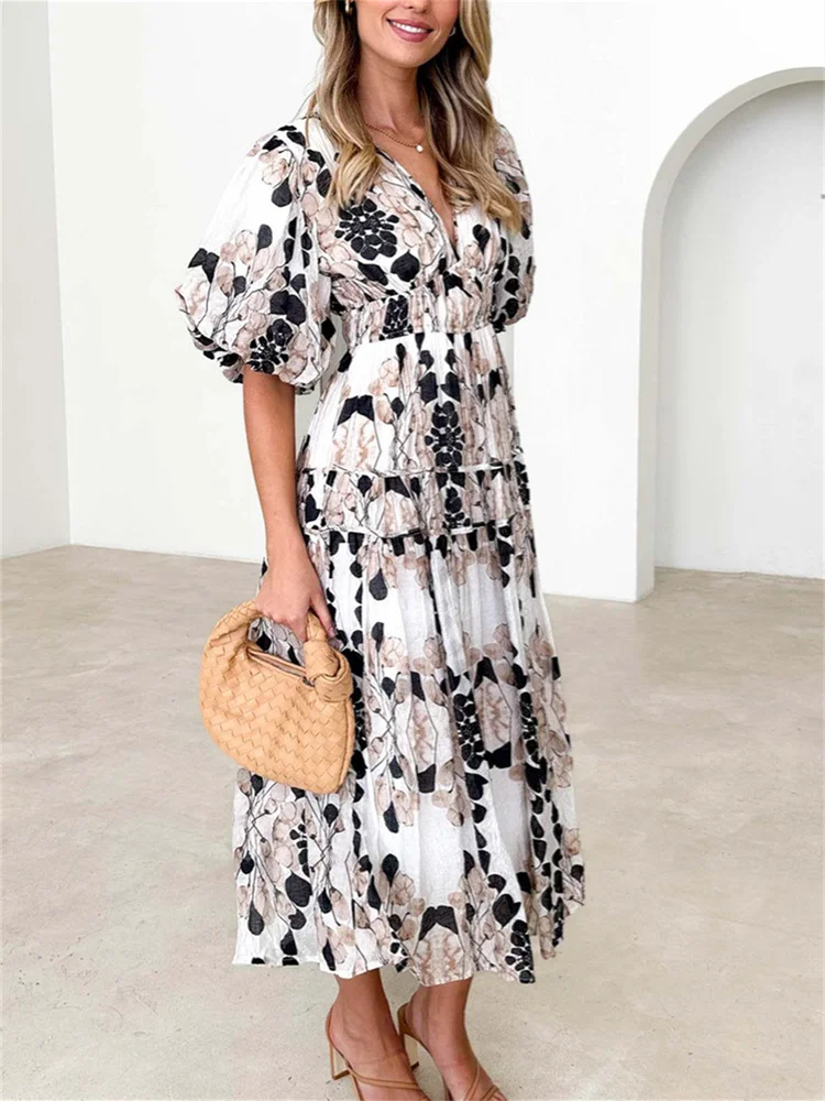 Boho Long Dresses Women Vintage Floral Print Dress Ladies Summer Short Sleeve Beach Dress Female Elegant V Neck Holiday Vestidos