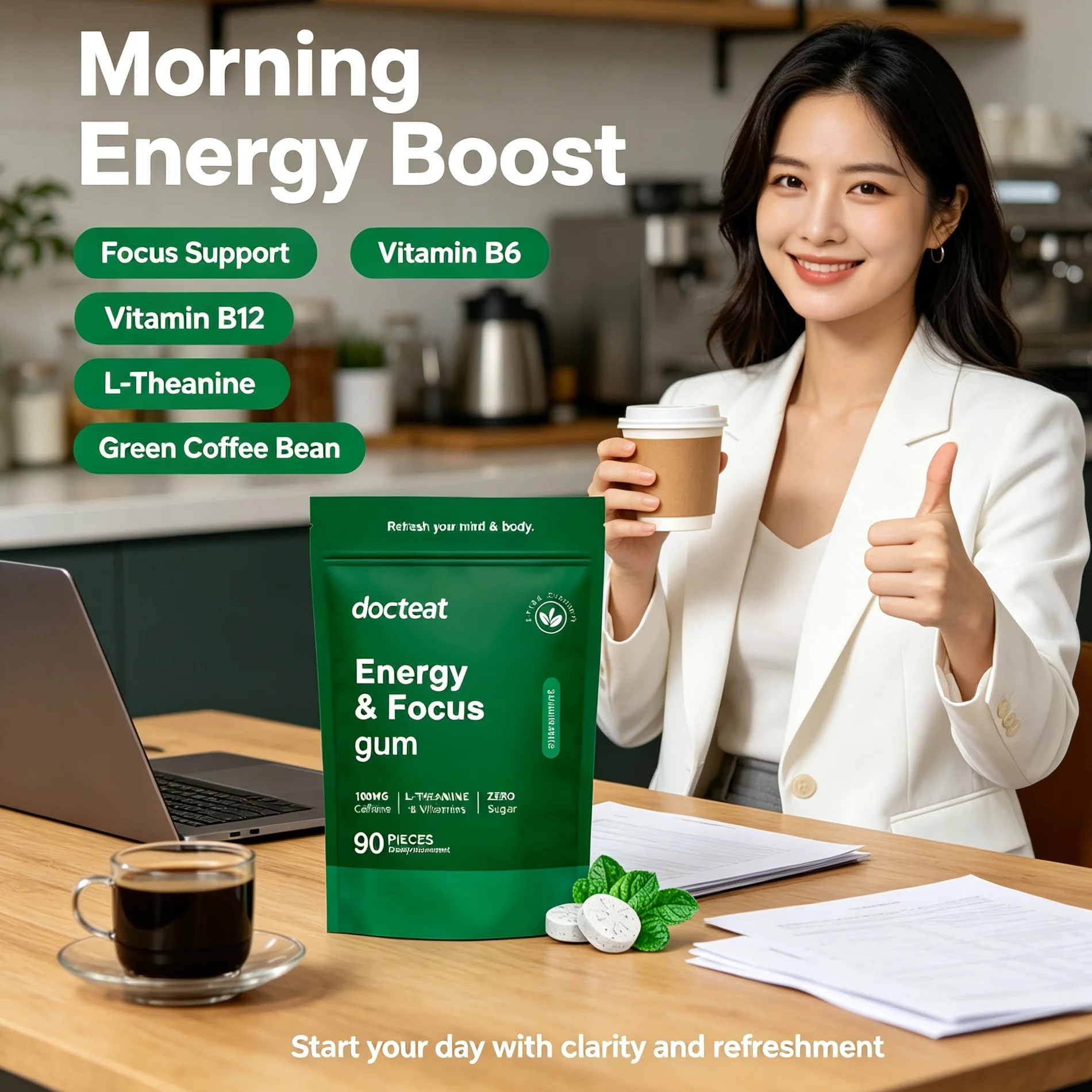 Energy Focus Peppermint Mints Vitamin B6 B12 L‑Theanine Green Coffee Bean Boost Alertness Anti‑Fatigue Compressed Candy