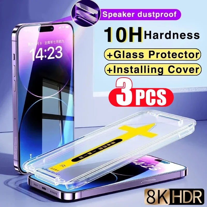 3Pcs 8K High End Easy Installation Screen Protector For iPhone 15 13 12 11 14 Pro Max Mini XR XS 7 8 15 Plus SE Tempered Glass