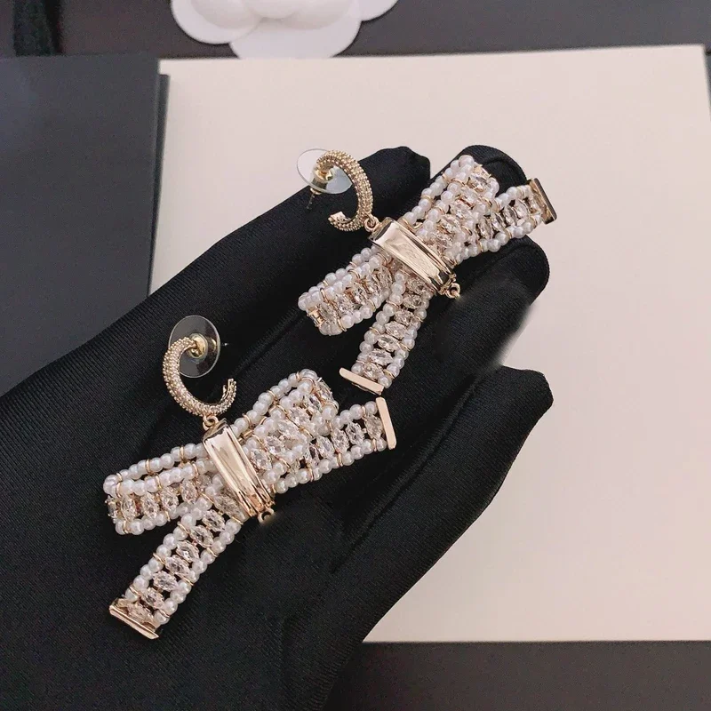 

New Arrival Fashion Designer Brand Gold Color Bowknot Pearls Drop Earrings Women Party Trend Luxury Jewelry Accessories Gift