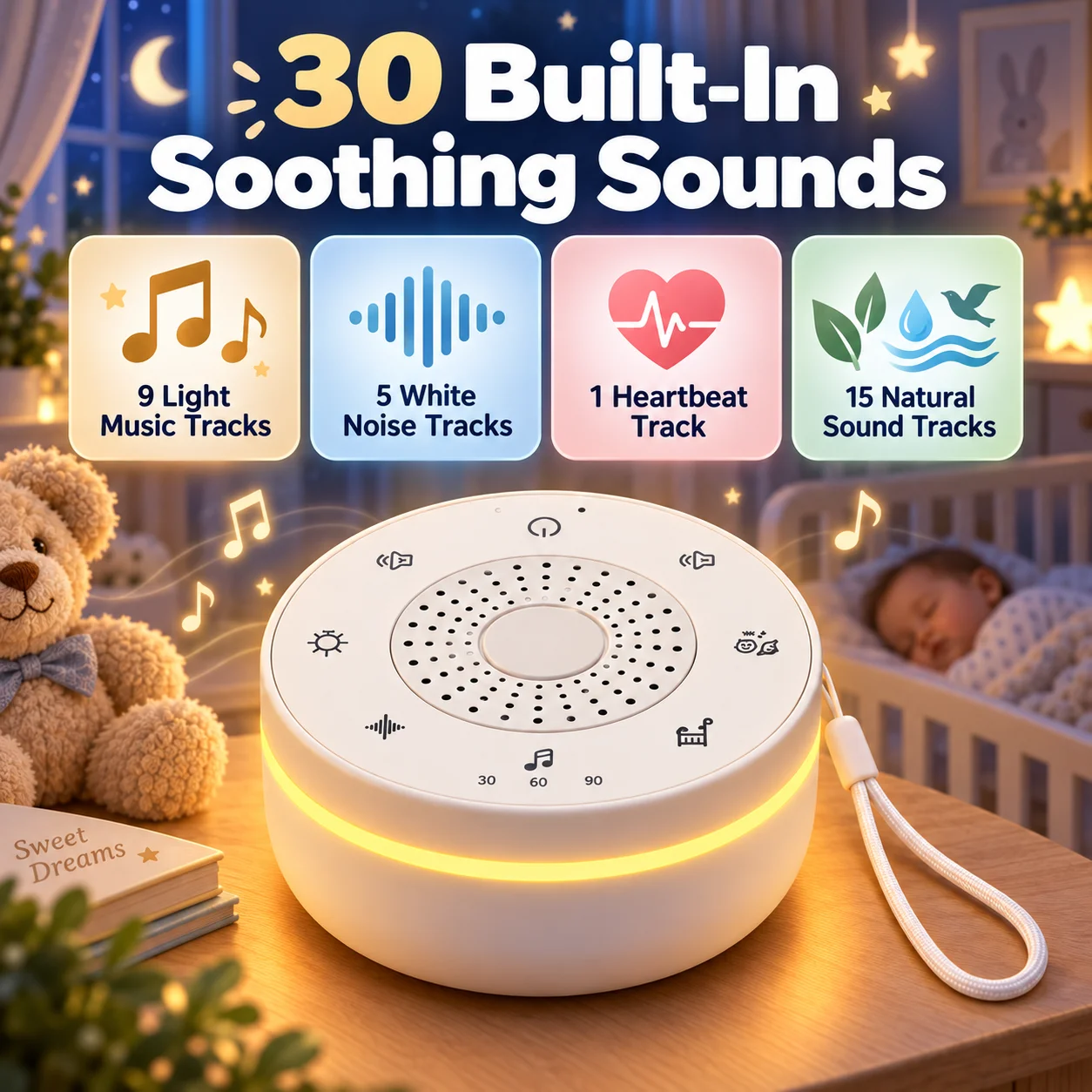 Baby White Noise Machine With Night Light, 30 Soothing Sounds, Portable Rechargeable Sleep Soother, Timer, Memory, Child Lock