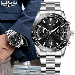 LIGE Luxury Fashion Casual Sport Business Watches Stainless Steel Band Waterproof Luminous Quartz Man Watch Calendar Chronograph