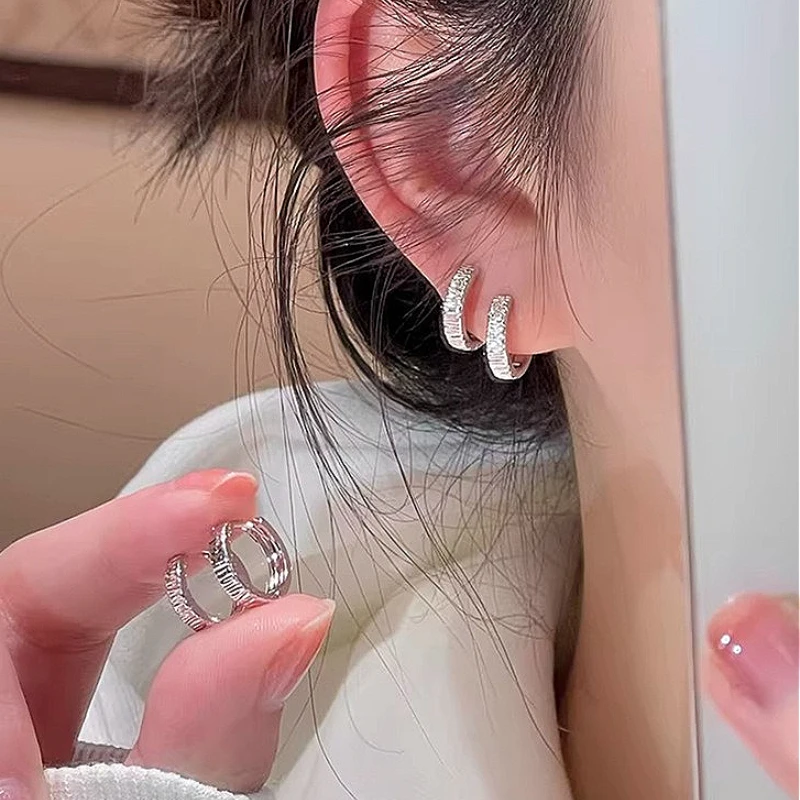 

925 Sterling Silver Korean Version Geometric Stripe Texture Hoop Earring for Women Fine Jewelry High Luxury Vintage Accessories
