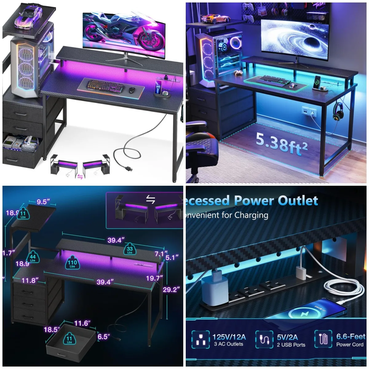 

52' Gaming Desk with USB Ports & LED Light, Reversible Computer Desk with Shelves, Monitor Stand, Fabric Drawers, Side Hooks, Ca
