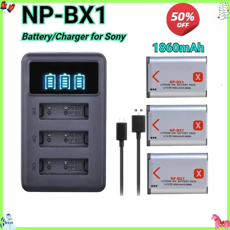 NEW 1860mAh NP-BX1 NPBX1 Battery + LED 3 Slots Charger for Sony ZV-1F DSC-RX100 M7 M6 M5A M3 WX500 HX300 WX350 AS30V AS300 HX60