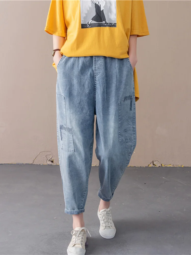 

Винтажные джинсы Harlan с высокой талией, женские свободные джинсы больших размеров с девятью очками, повседневные летние джинсы, голубая тонкая джинсовая ткань