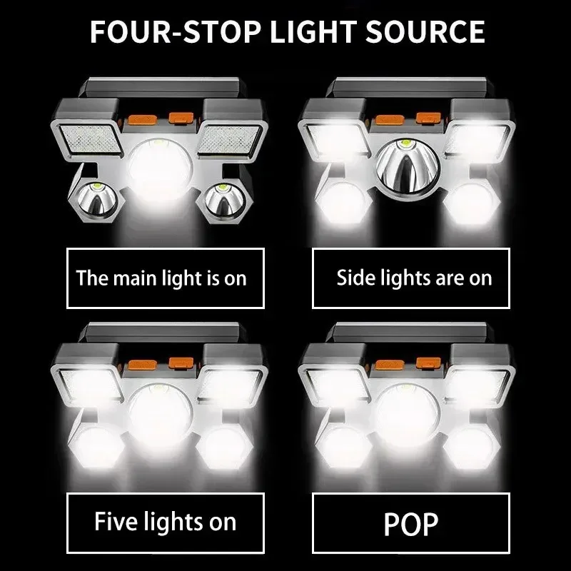 5 مصابيح LED قابلة لإعادة الشحن مع بطارية ليثيوم مدمجة، مصابيح رأس قوية للتخييم والمغامرة وصيد الأسماك وركوب الدراجات