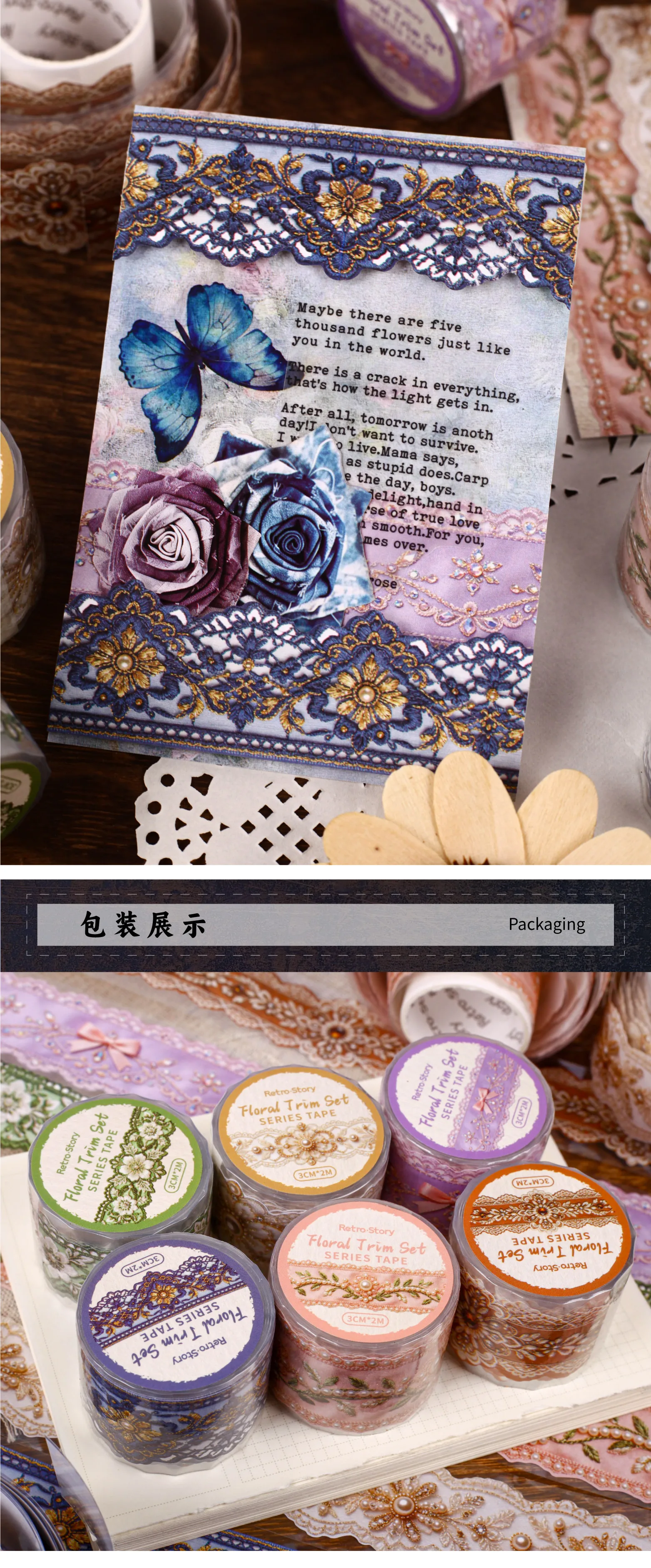 JIANQI 30mm * 2m Kreatives Spitzenband im Retro-Blumenstil, DIY Scrapbook Ästhetisches Masking Tape – Detail 5