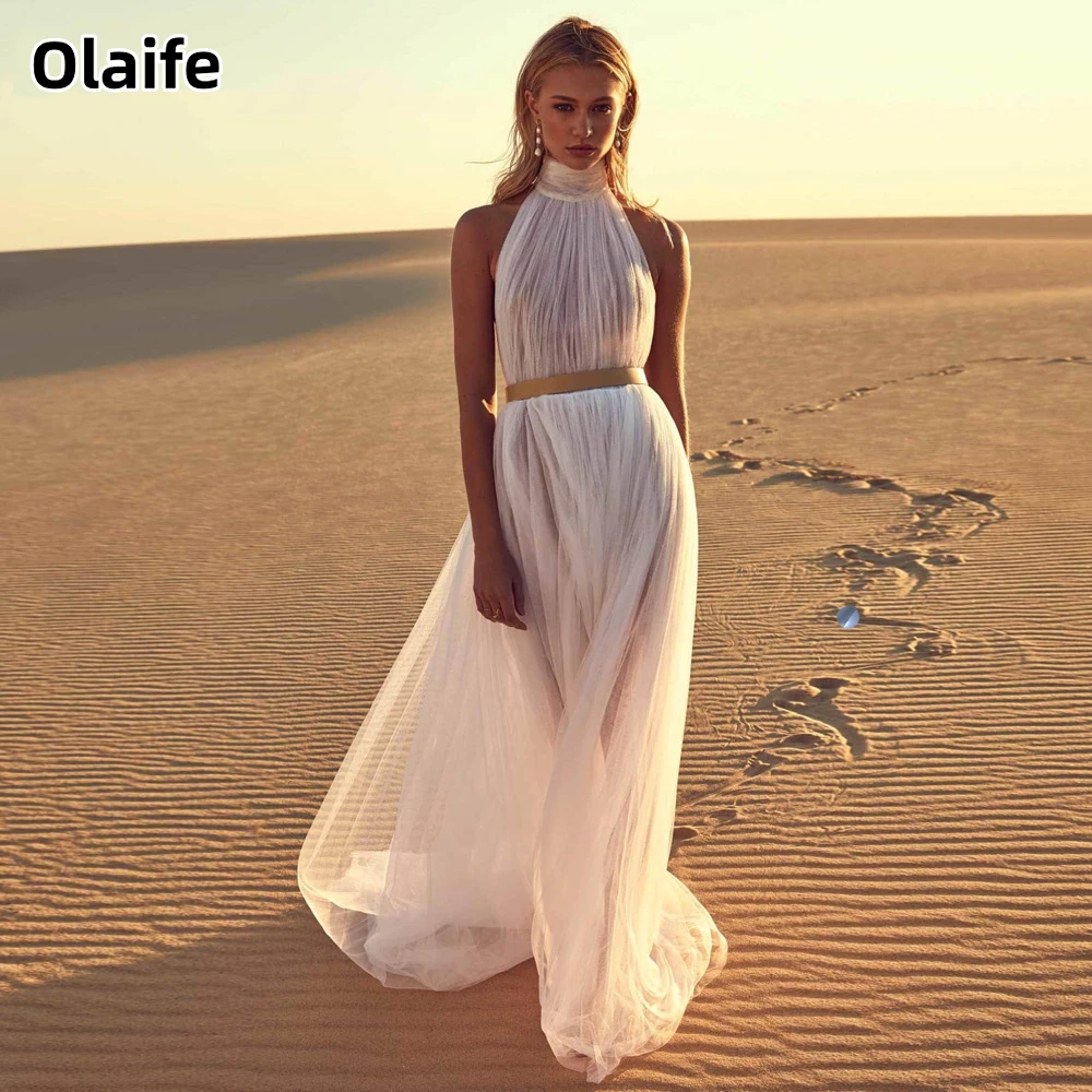 Olaife Halter Sash A-line Backless Sweep Train Sleeveless Buttons Tulle Wedding Dresses Princess Custom Made Bride Dresses