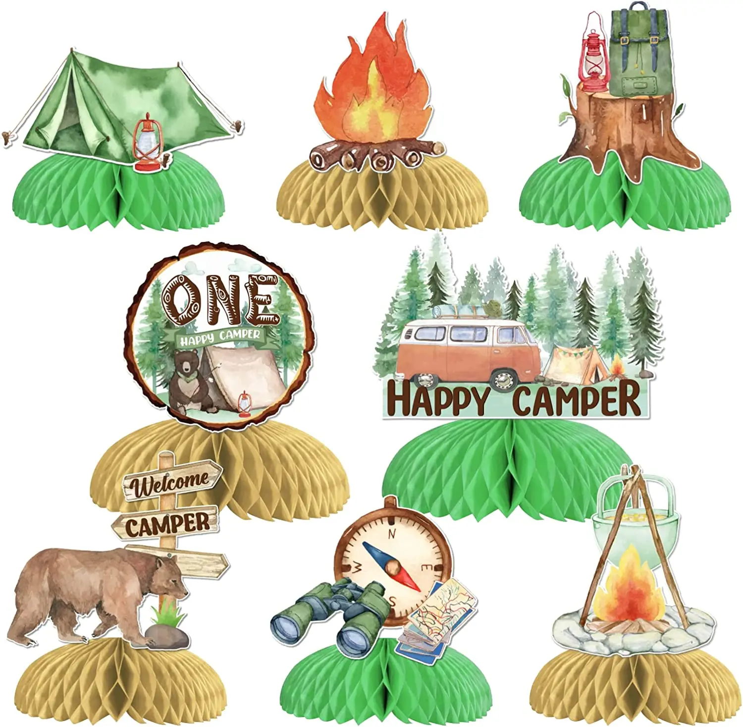 One Happy Camper Honeycomb Centerpieces for Table Decoration, Camping, 1st Birthday Decorations, Table Decor