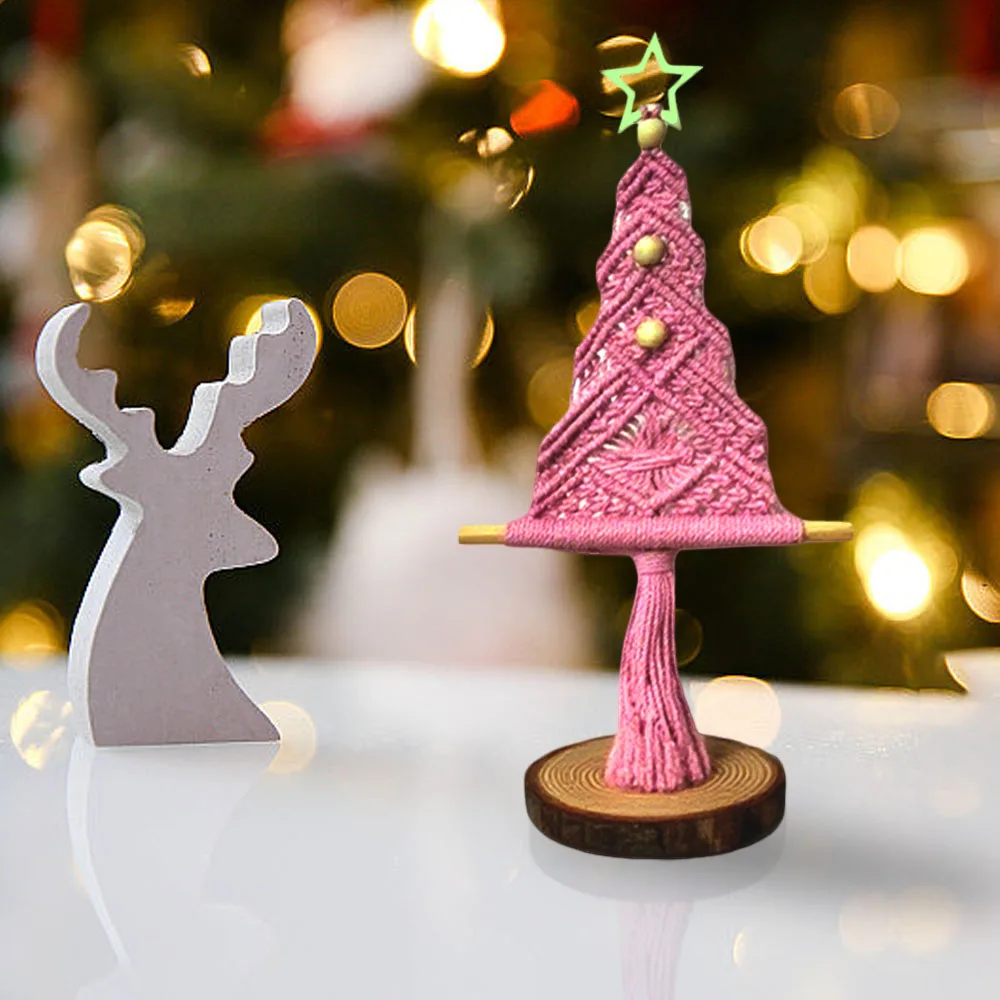 Handmade Boho Christmas Tree Tabletop Decor – Cotton & Wood Holiday Decoration – Nordic Style Christmas Ornament for Desk, Home