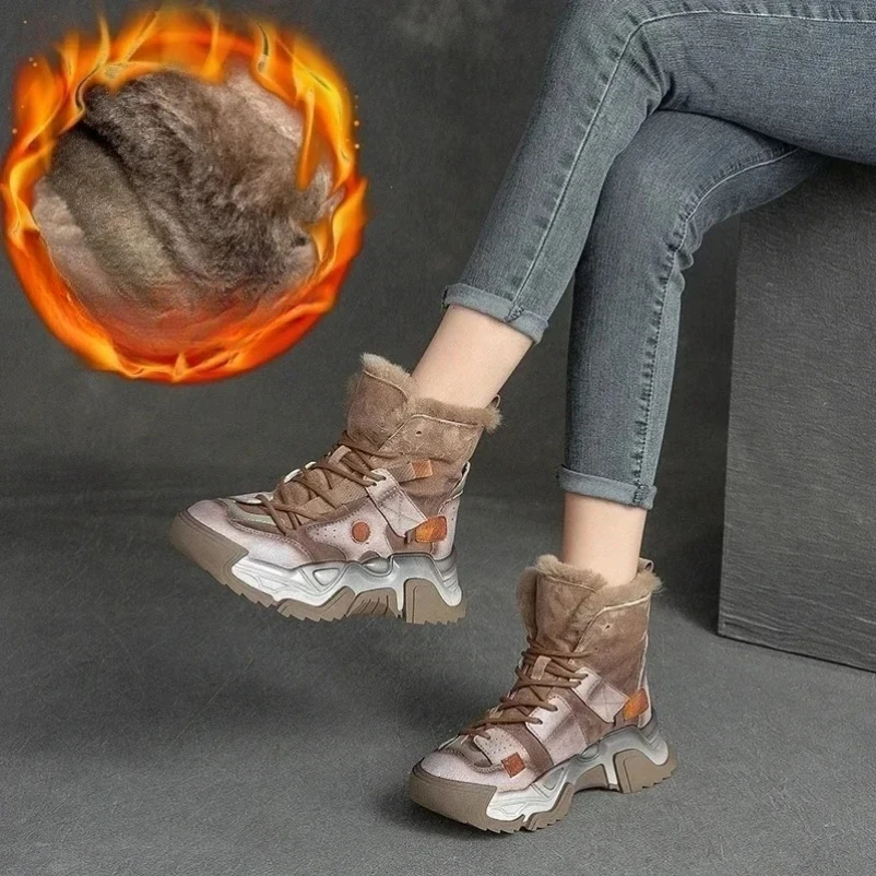 

2025 Winter Boots Women's Genuine Leather Platform Ankle Boots Fashion Shoes Handmade Women Modern Luxury Retro Boots