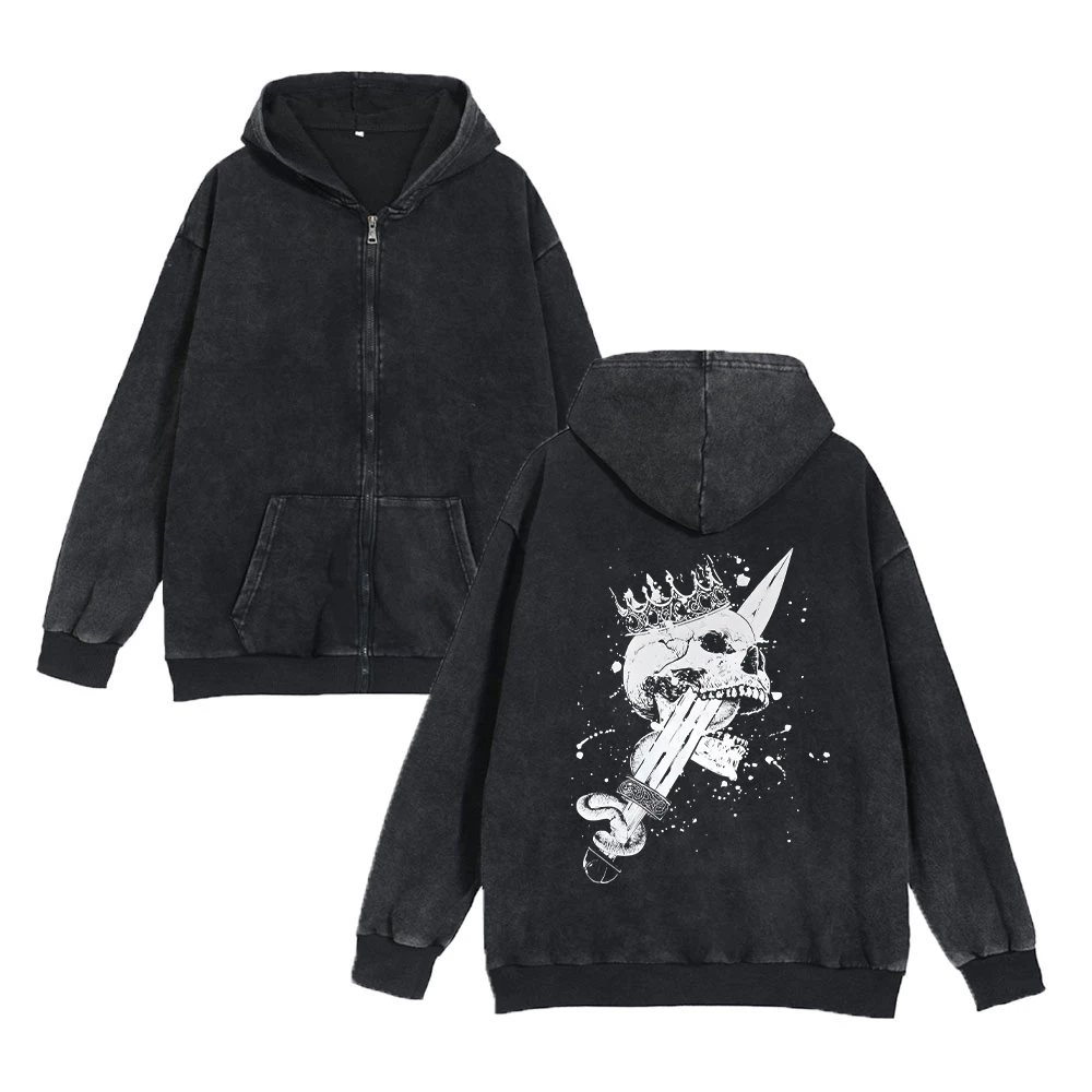 

Men's Skull Print Zip-Up Hoodies Distressed Fashionable Loose Fitting Washed Cardigan Sweatshirt Casual Everyday Clothing