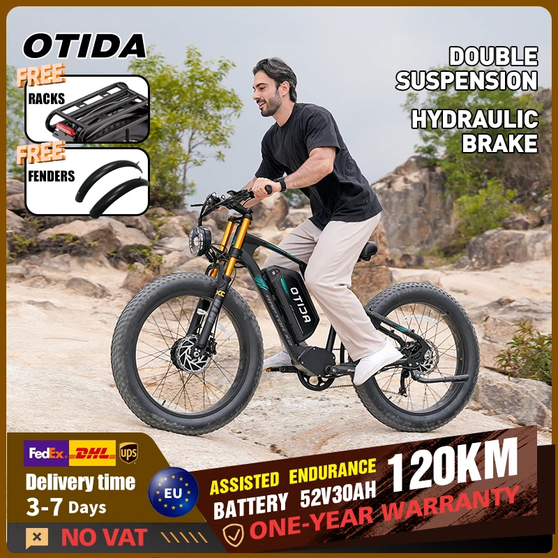 OTIDA X2 Elektrofahrrad mit zwei leistungsstarken Motoren, 52V30Ah Akku, 26*4.0 Fat Tires Mountain E-Bike Motorrad für Erwachsene