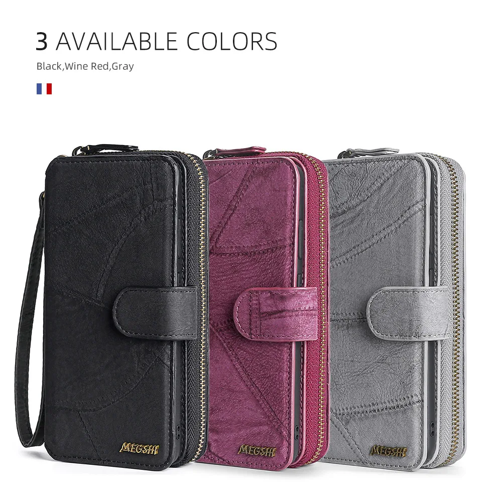 Megshi Detachable Flip Leather Case For Iphone 15 14 13 12 11 Pro Max Mini Business Wallet Phone Cover For Iphone Xs Max X Xr