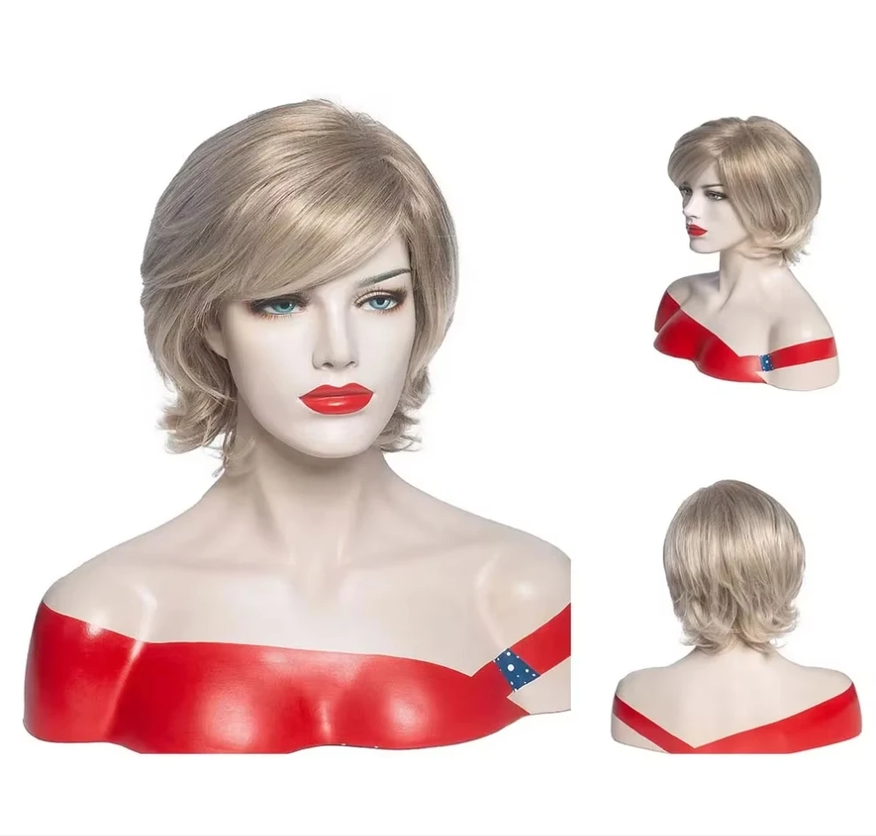 

Women's Fashion Fluffy Short Synthetic Wigs Ombre Grey Hair Natural Curly Blonde Hair Wig with Bangs Mommy Daily Wear
