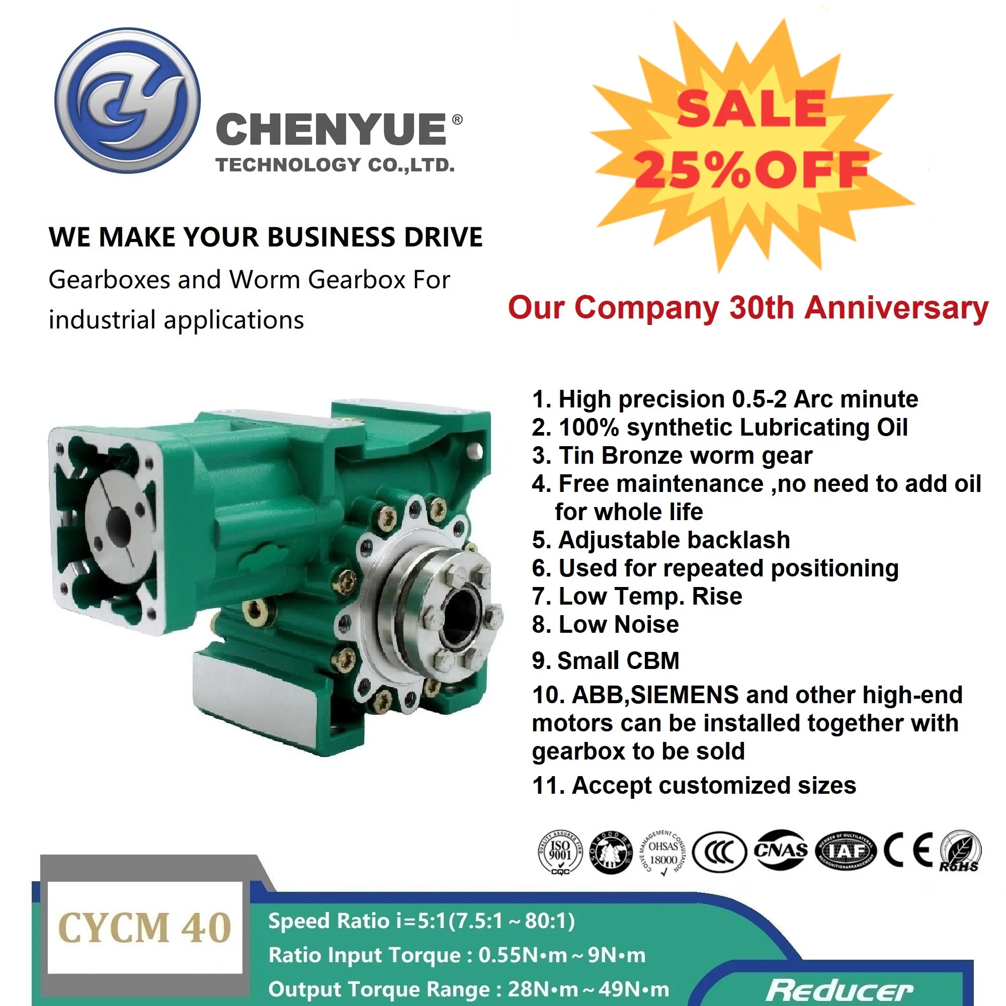 

CHENYUE Low backlash 0.5-2 Arc minute Worm Gearbox Gear Reducer CYCM40 Input 14/11/19 Output 20mm Ratio5:1/80:1Free Maintenance