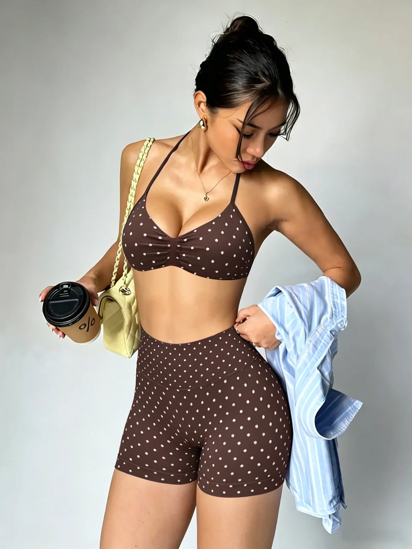 2 Piece Seamless Yoga Set Women Halter Neck Backless Sports Bra High Waist Scrunch Butt Shorts Polka Dot Gym Workout Pilates