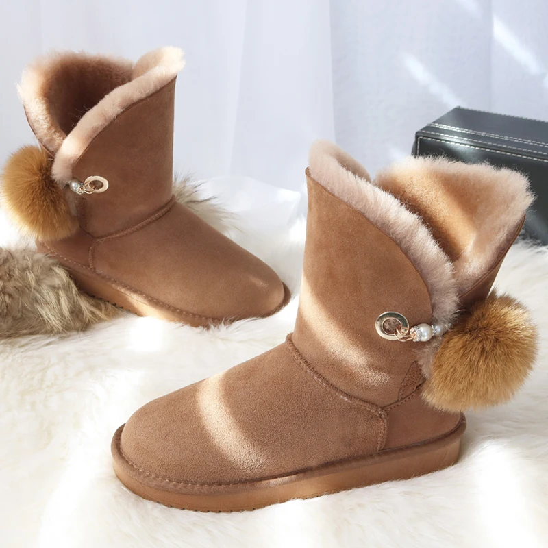 G&Zaco Genuine Sheepskin Boots Shoes Women Leather Wool Snow Boots Australia Mid-Calf Sweet Fox Fur Ball  Winter Women\'s Boot