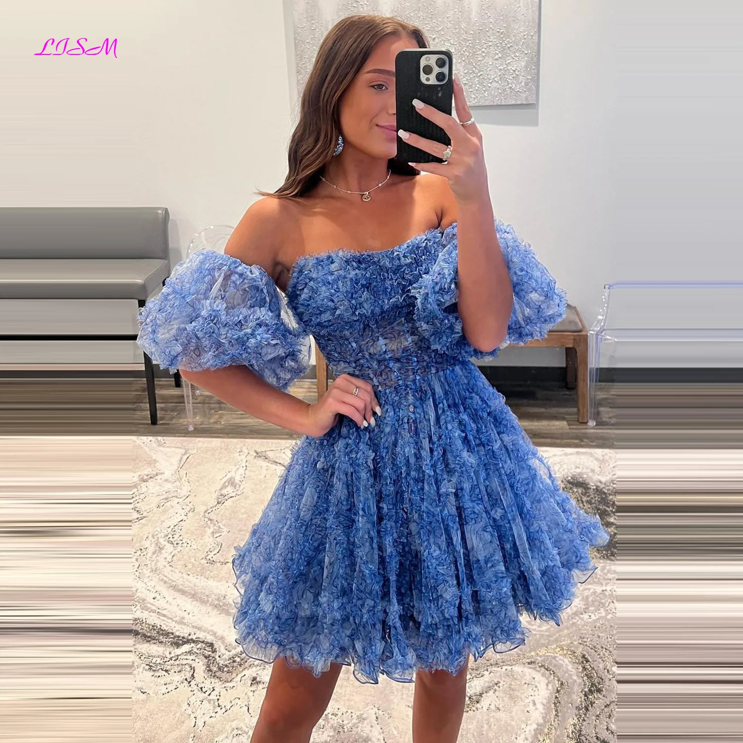 

Blue Printed Detachable Sleeves Ruffled Short Homecoming Dress A-Line Mini Princess Prom Party Gowns Puffly Evening Formal Dress