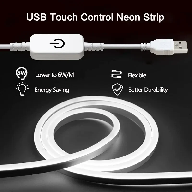 5V USB LED Strip Silicone Neon Sign Light 3535 Touch Switch Dimmable Waterproof Flexible Ribbon Tape Lamp for Room Home Decor