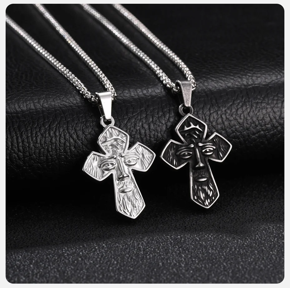 Vnox Jesus-Gesicht-Kreuz-Anhänger-Halskette für Männer, Retro-Religiöse Edelstahl-Box-Ketten-Halsketten, Schmuck, Christliches Geschenk – Detail 5