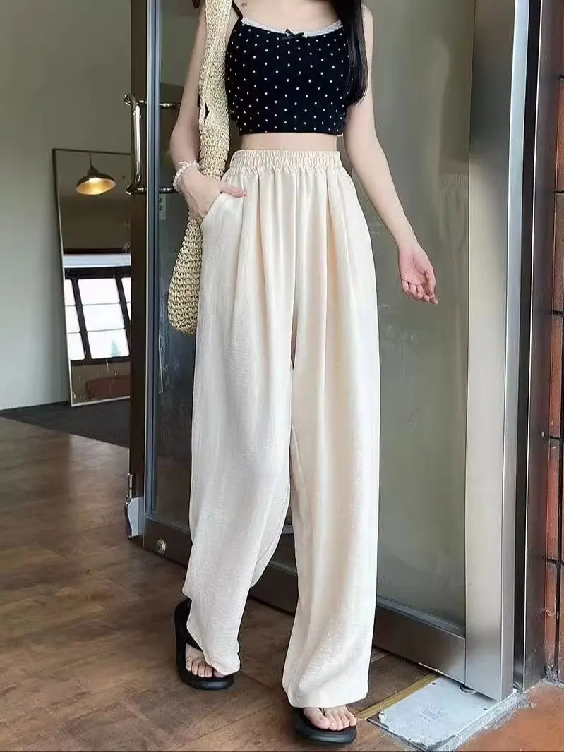 Summer Women Sweet Colorful Ice Silk Pants Lady Baggy Versatile Elastic Straigh…