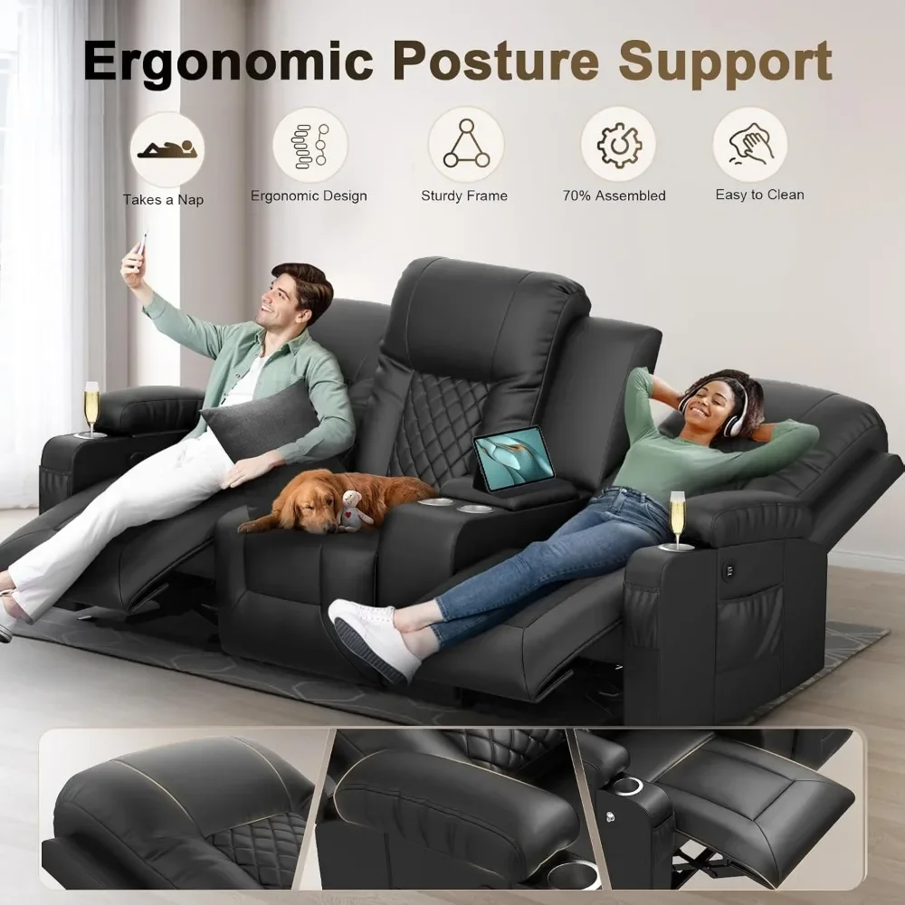 Sofá reclinable de 3 asientos, sofá reclinable grande con consola de almacenamiento, silla reclinable manual con puertos USB, sofás reclinables