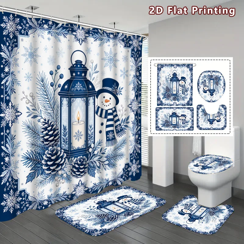 4pc 2D Flat Winter Snowman Lantern Shower Curtain Set, Blue & White Snowman, Snowflakes & Pinecones Pattern