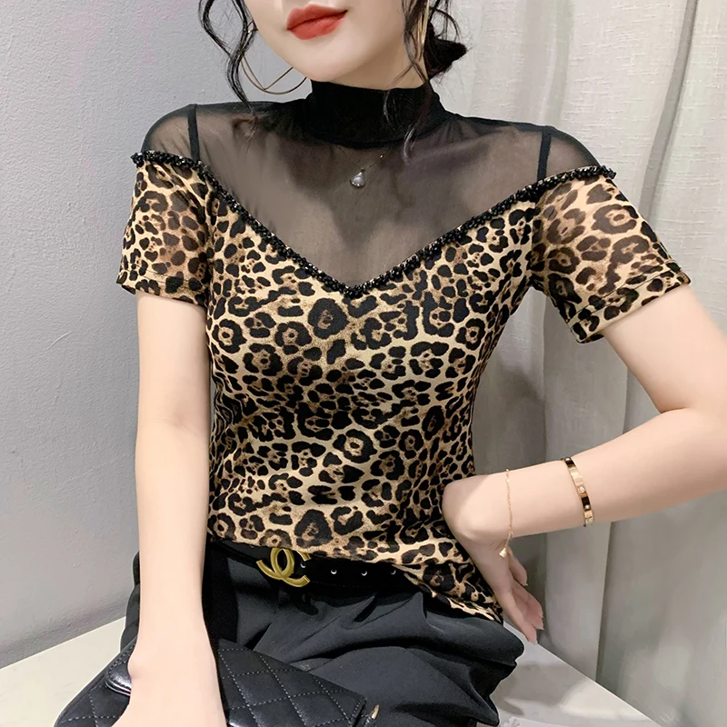 

Black Summer Korean Style T-Shirt Chic Sexy Patchwork Leopard Print Shiny Beading Women Tops Short Sleeve Tees 2024 New 442814