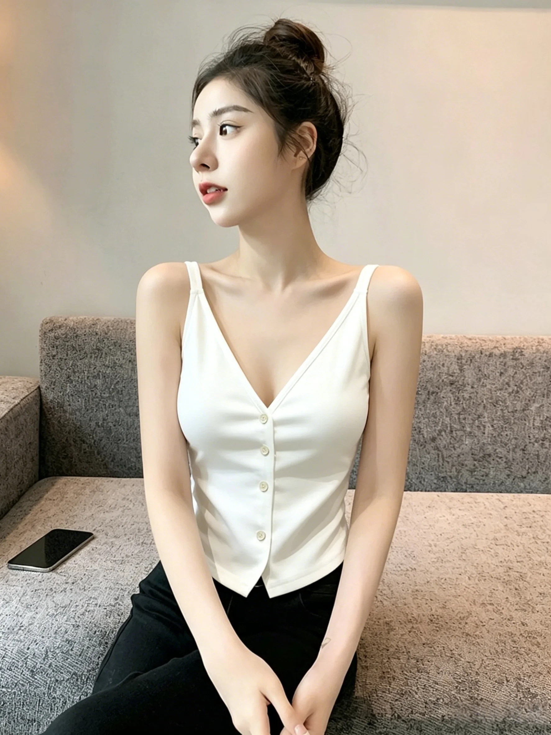 Women's V-neck Buttoned Sleeveless Vest 95% Cotton Summer Slim Fit Inner Wear Tank Top for plus Size And M Regular Size