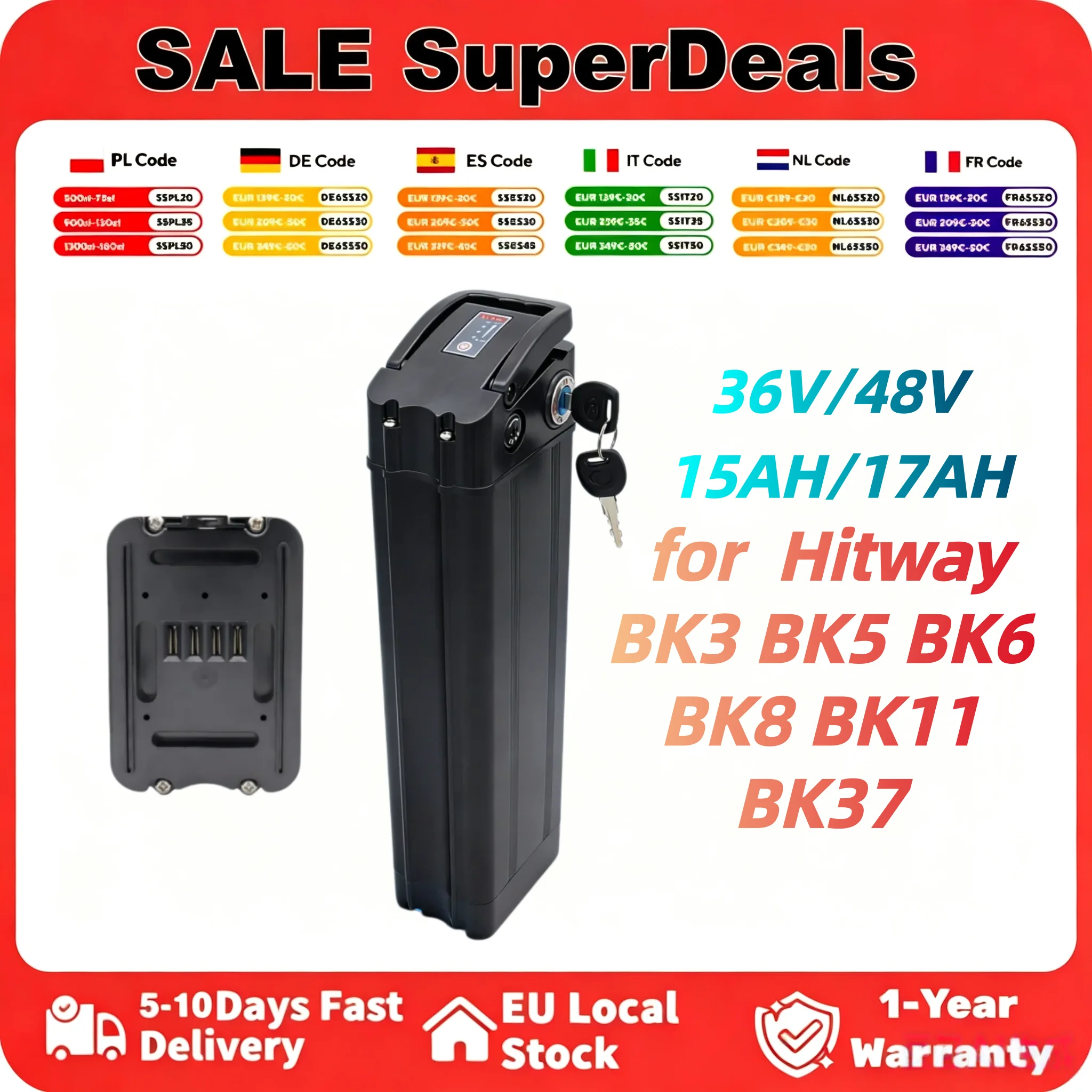 36V/48V 15Ah-17Ah Ersatz-Elektrofahrrad-Akku Lithium-Ionen E-Bike-Batterie Kompatibel mit COLORWAY Hitway BK3 BK5 BK6 BK8 BK11 BK37 OneSport BK6 EVERCROSS EK5 EK6