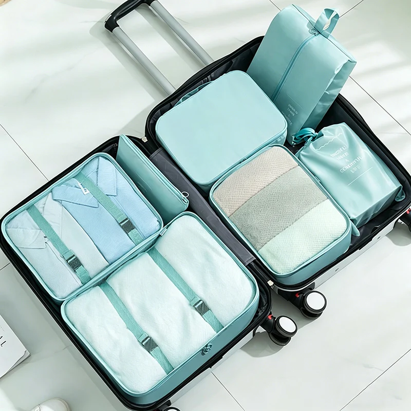

7 Pcs Packing Cubes Set - Portable Travel Luggage Organizer Storage Bags for Clothes & Shoes, Suitcase Folding Pouches