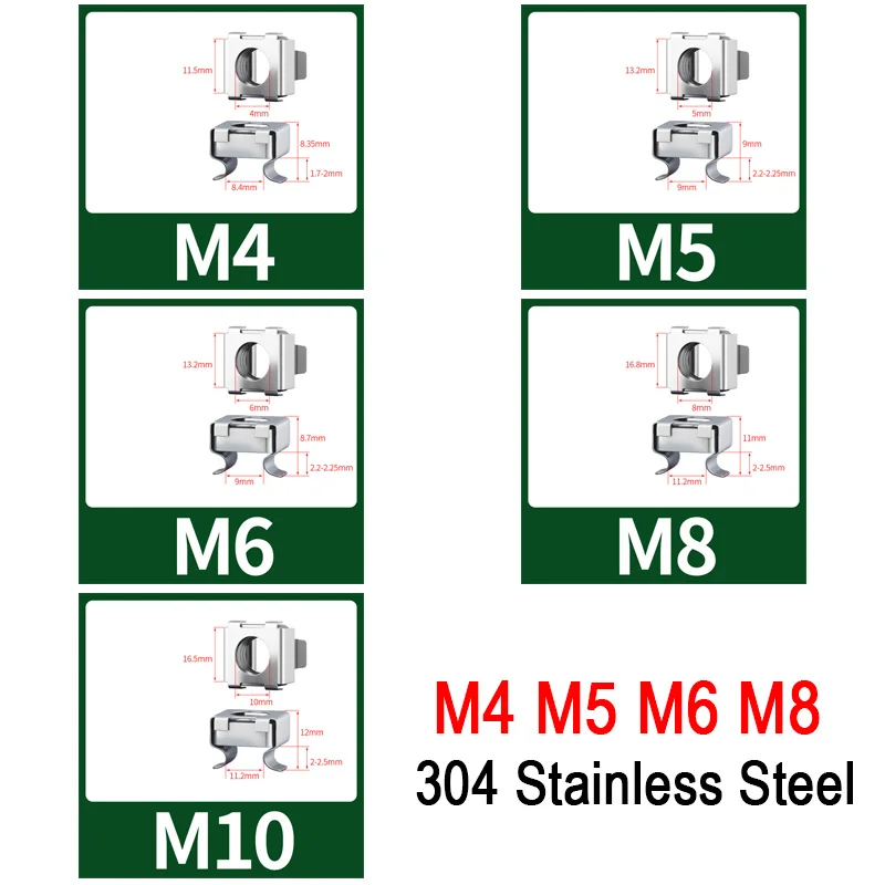 5/10pcs Quartet Floating Nuts M4 M5 M6 M8 M10 304 A2 Stainless Steel Cage Nuts Cassette Elastic Enclosure Square Snap-In Nut