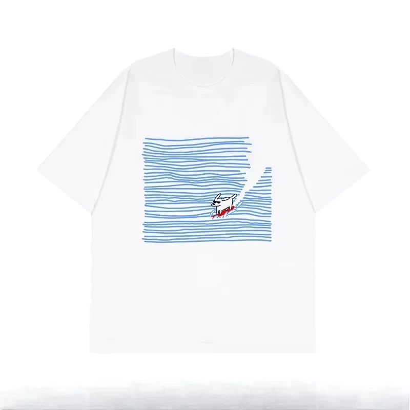 Artistic Blue Line Dog Surfing Hand Drawn Pure Unisex Sleeve Summer Tshirts Graphic Print Retro Harajuku Oversized Streetwear