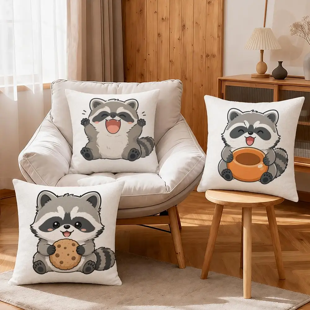 Character Cute Little Raccoon Cushion Cover Linen Anti-Mite Antibacterial Cushion Cover Invisible Zipper Sofa Decor