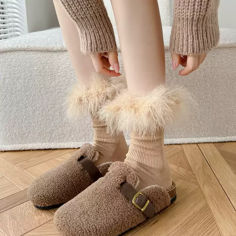 New Harajuku Kawaii Women Fluffy Fur Cuff Mid Calf Socks, Winter Thick Cotton Slouch Leg Warmers, Y2K Ins Style Stacked Socks