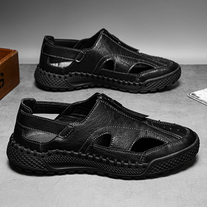 2025 Summer hot sale Sewn sandal for man black outdoor mens casual big size shoes traveling sandals zipper beach walking shoes