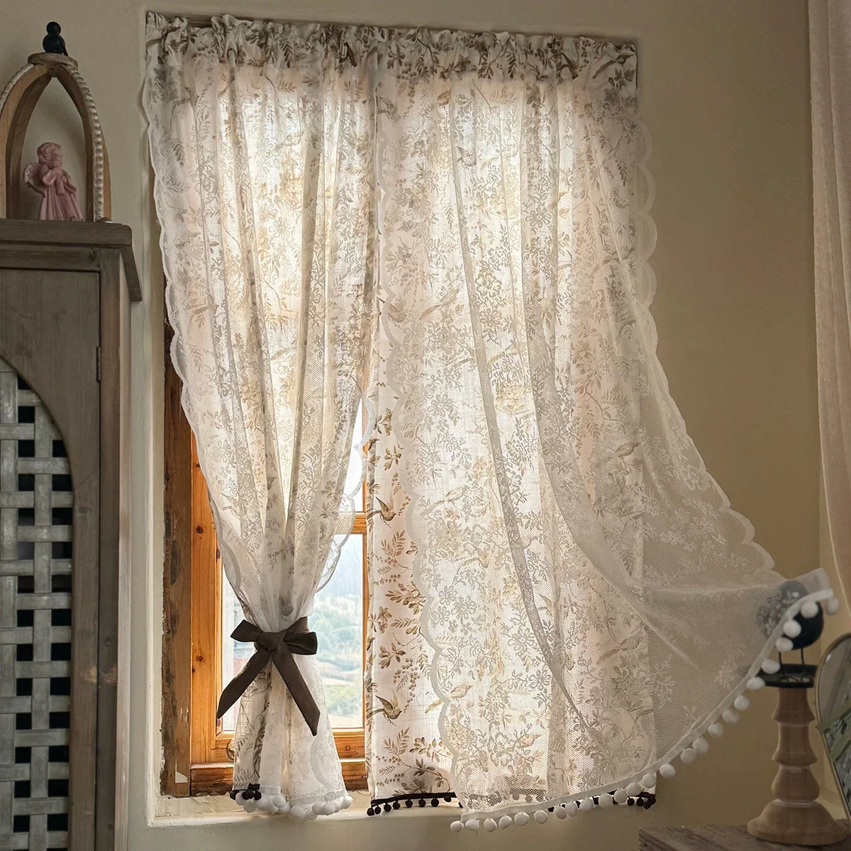 Retro White Ventilate Curtain Double-Layer Pure Cotton Kitchen Door Curtains Cafe Living Room Window Kitchen Half Curtain Decor