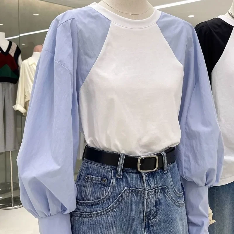 

Nice Femme Femme Autumn Fashion Casual Simplicity Patchwork O-neck Women Clothes All-match Appear Thin Cotton Loose Long Sleeve