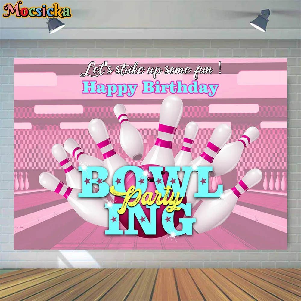 

Mocsicka Bowling Theme Women Birthday Backdrop Pink Bowling Alley Let's Strike up Some Fun Party Photo Background for Photoshoot