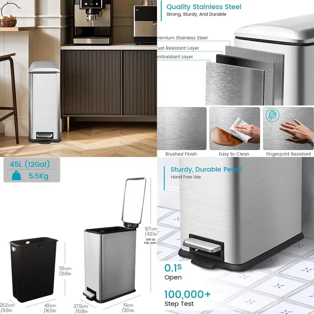 

45L Stainless Steel Slim Kitchen Trash Can with Removable Bucket, Soft-Close Lid, and Foot Pedal, Silver