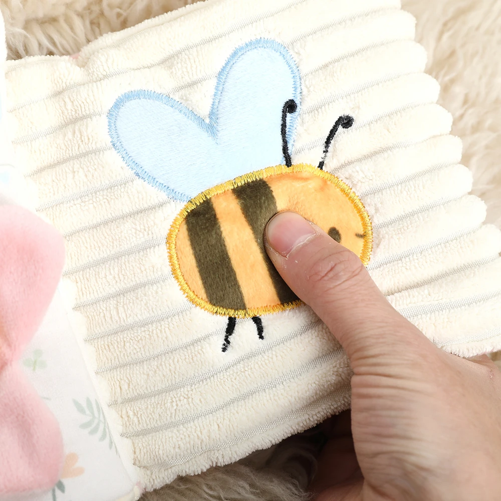 Bienen- und Schmetterlings-Sicherheitsdecke, doppelseitig, abnehmbarer Silikon-Beißring, drücken für Ton, strukturiertes Band, sensorisches Neugeborenen-Geschenk – Detail 17