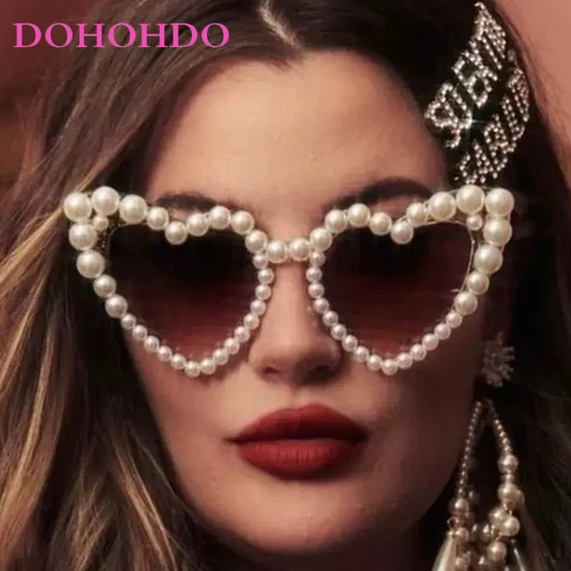 

Vintage Brand Design Heart Shape Pearl Decoration Women Sunglasses Trendy Luxury Men Sunglass Outdoor Travel Party Eyewear UV400