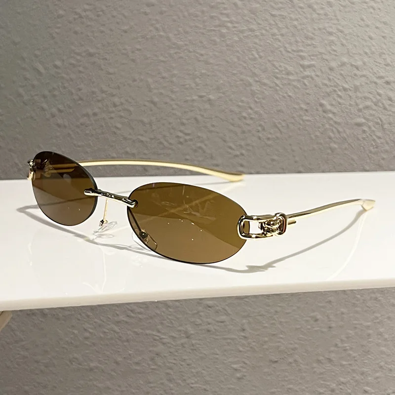 Fashion Rimless Oval Sunglasses Women Trendy Casual Sun Shades Metal Frame Flash Street Ladies Eyeglasses Luxury Brand Eyewear