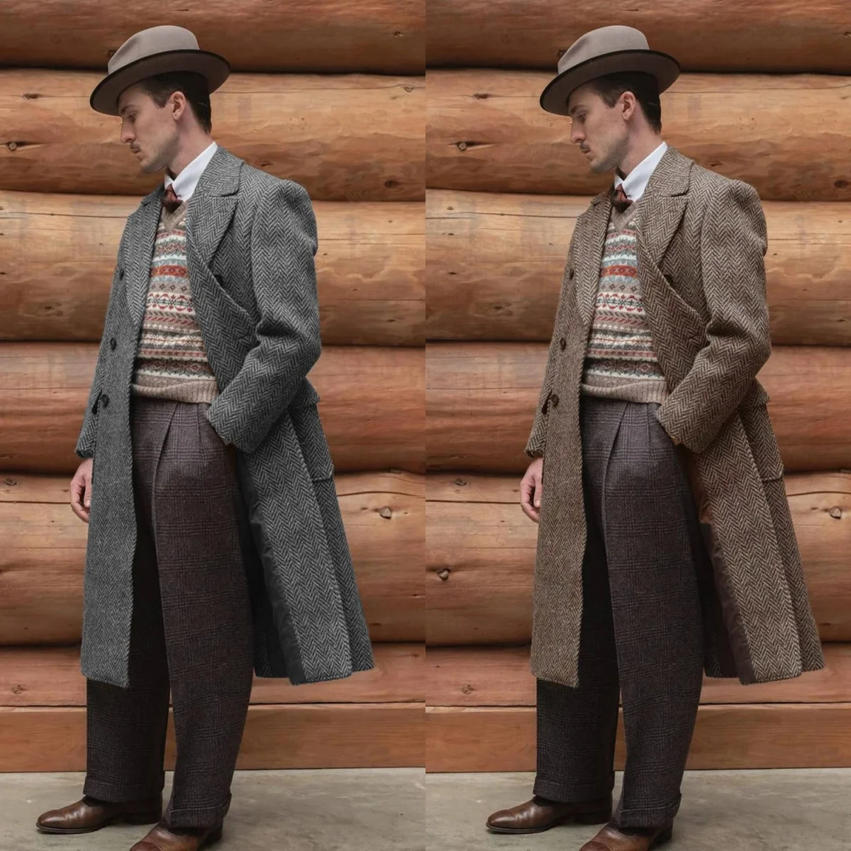 Men Vintage Herringbone Overcoat Elegant Double Breasted Wool Blend Tweed Long Trench Coat Formal Custom British Style Outerwear